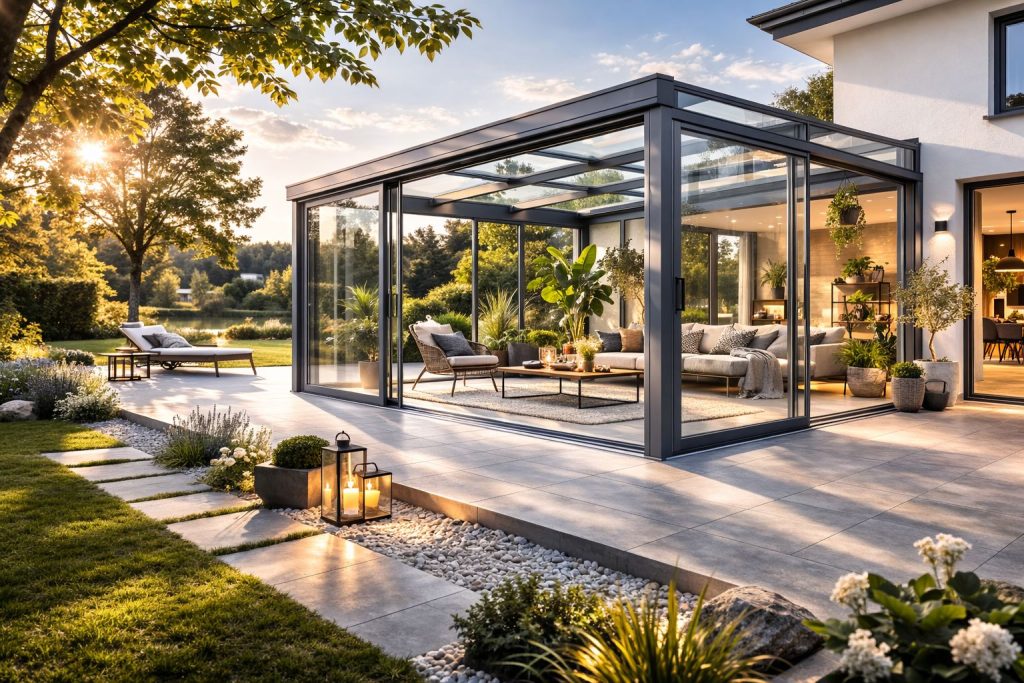 Kaltwintergarten Augsburg außen Glasbau Terrasse unbeheizt modern