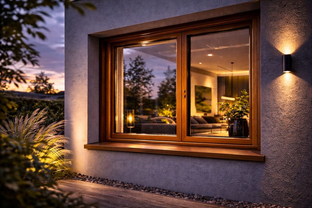 Holzfenster Augsburg Außenbereich mit natürlicher Holzoberfläche
