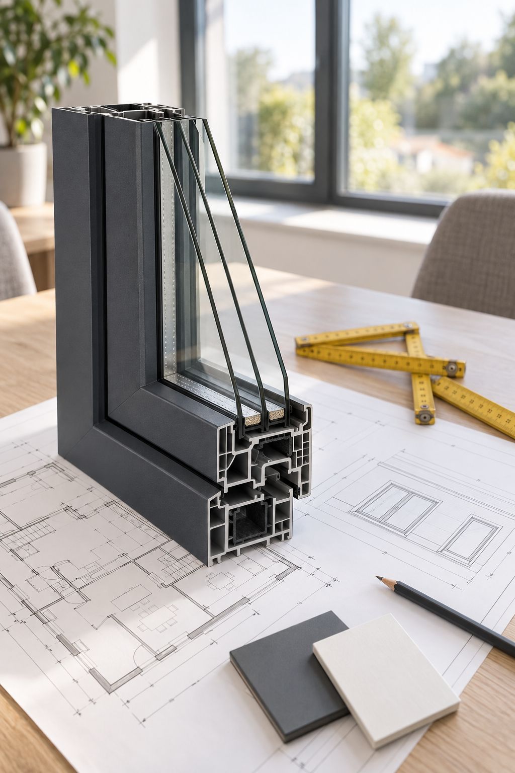 Baupläne und Fensterprofil-Muster bei der Fensterplanung für einen Neubau