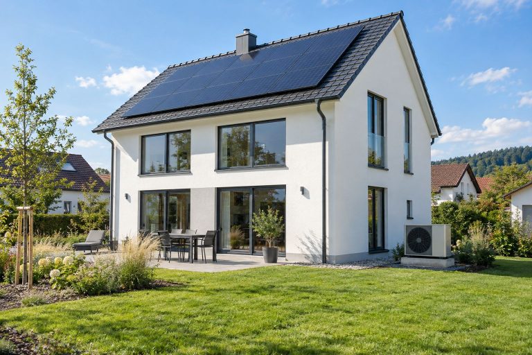 Neubau eines Effizienzhauses mit großen Fenstern, Wärmepumpe und Photovoltaikanlage
