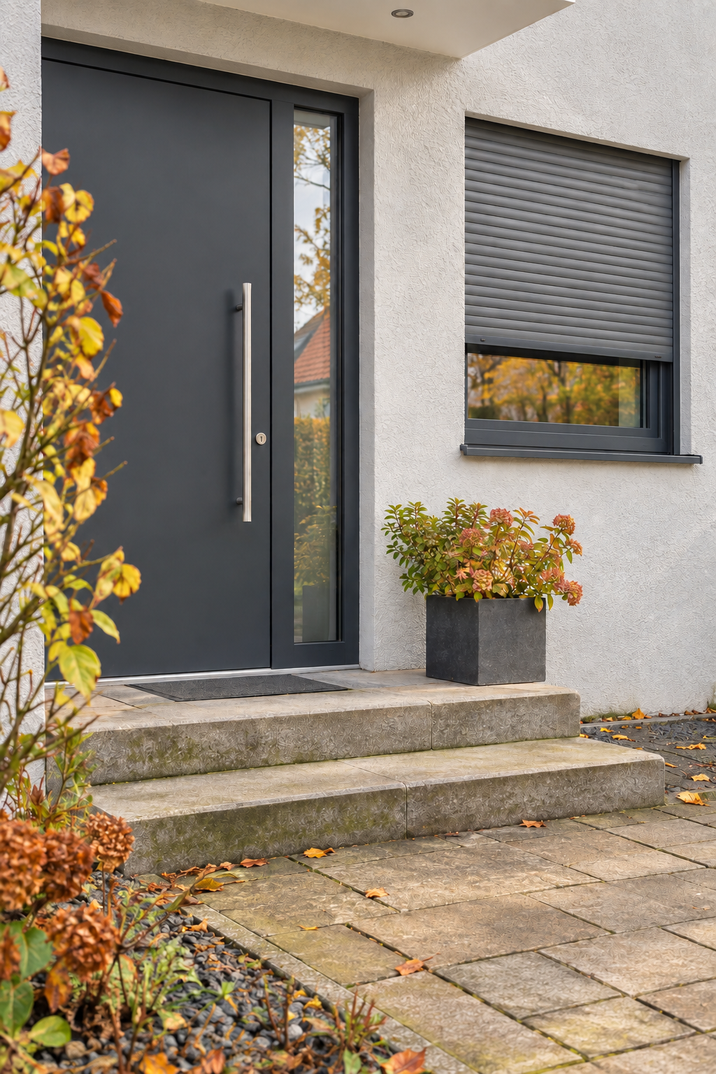 Neue Haustür und Fenster an einem renovierten Einfamilienhaus in Neusäß