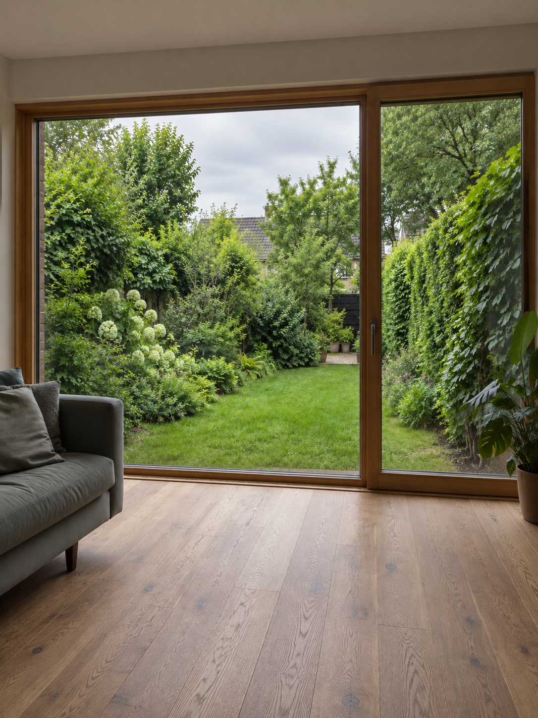 Große Schiebetür mit Holzrahmen öffnet das Wohnzimmer zum grünen Garten eines Hauses in Germering
