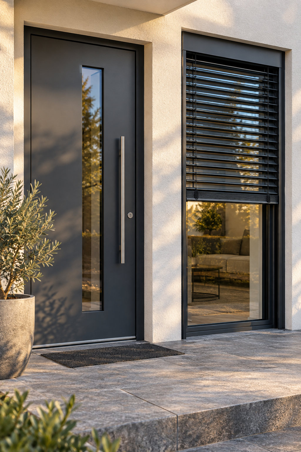 Neue Fenster und Haustür mit Sonnenschutz an einem Haus in Friedberg
