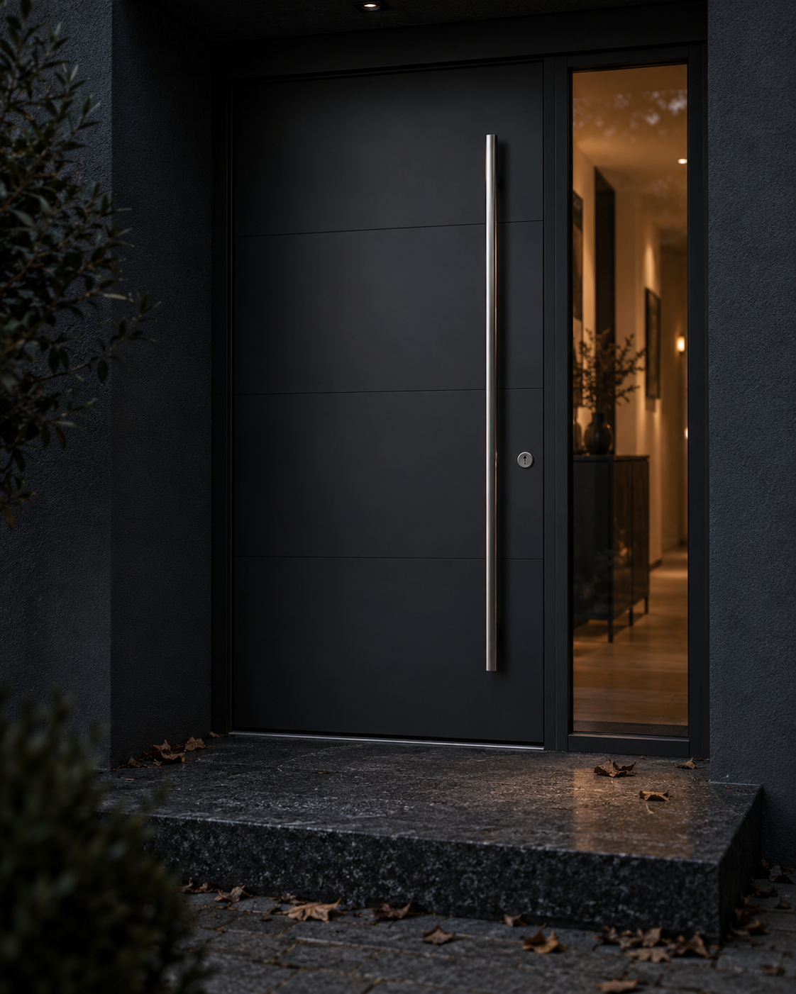 Anthrazitgraue Haustür mit Seitenteil und Stangengriff an einem Haus in Rain am Lech