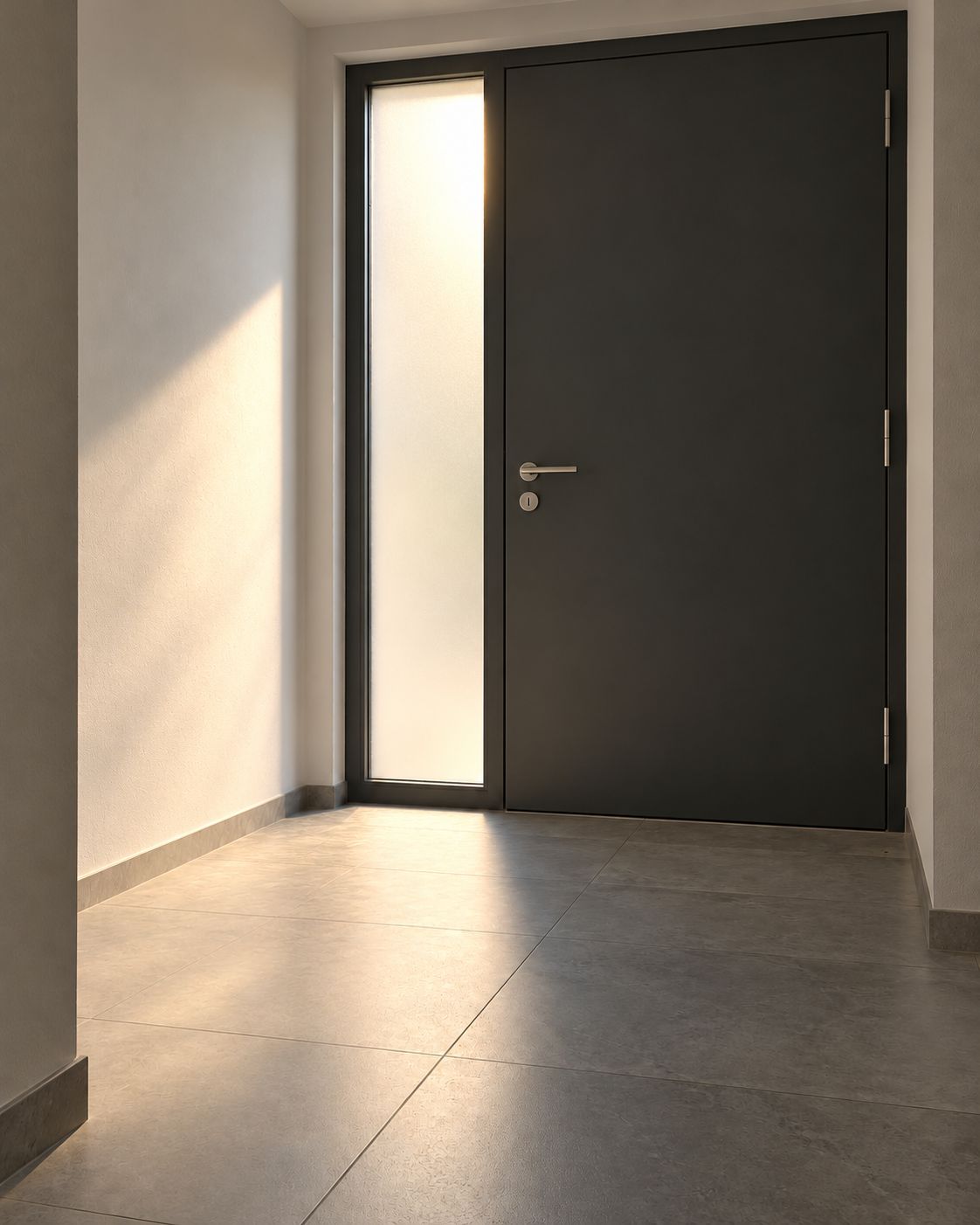 Neue Haustür mit Glasseitenteil von innen in einem Haus in Augsburg-Haunstetten